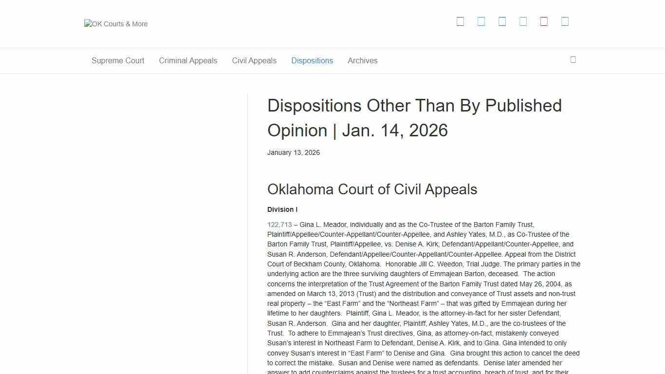 Dispositions Other Than By Published Opinion | Jan. 14, 2026 - OK Courts & More