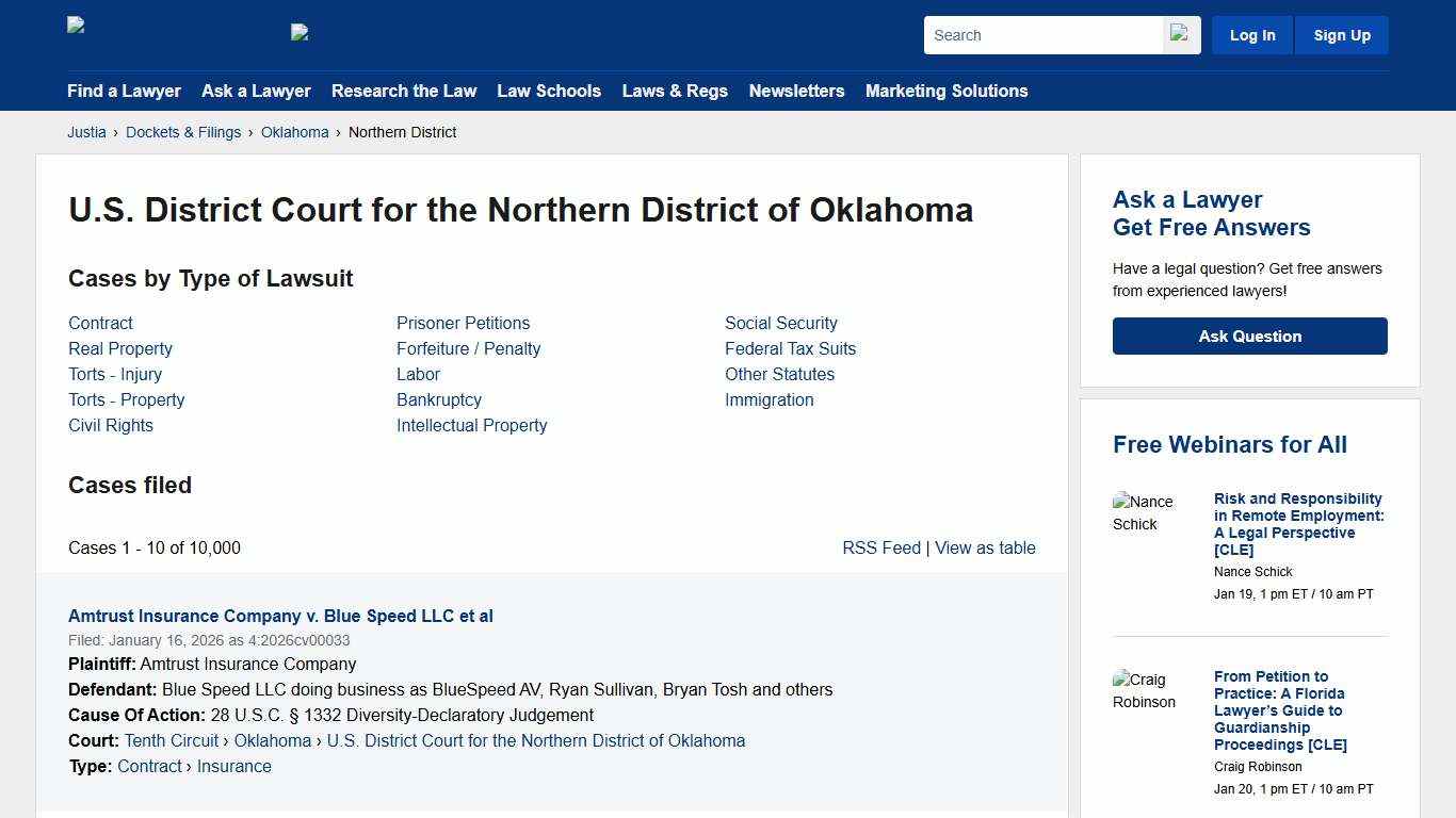 Cases, Dockets and Filings in the U.S. District Court for the Northern District of Oklahoma | Justia Dockets & Filings